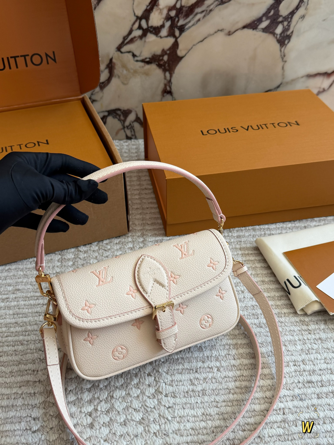 Chic Diane-Style Monogram Canvas Baguette Bag with Wide Embroidered Strap & Foldable Box