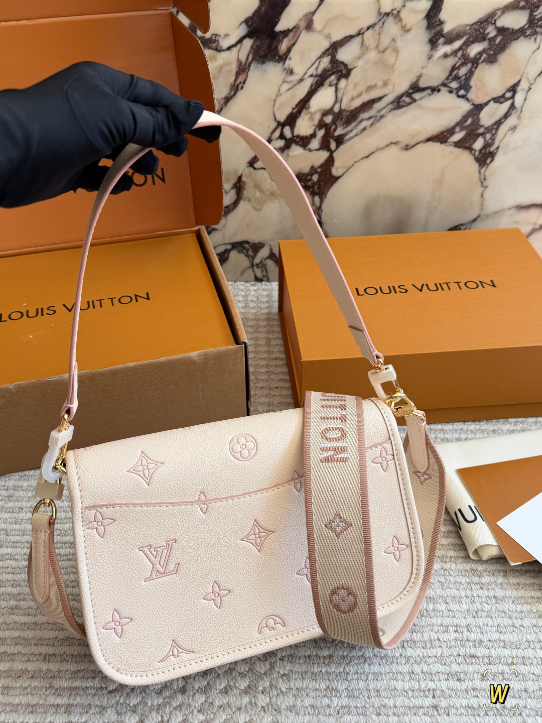 Chic Diane-Style Monogram Canvas Baguette Bag with Wide Embroidered Strap & Foldable Box