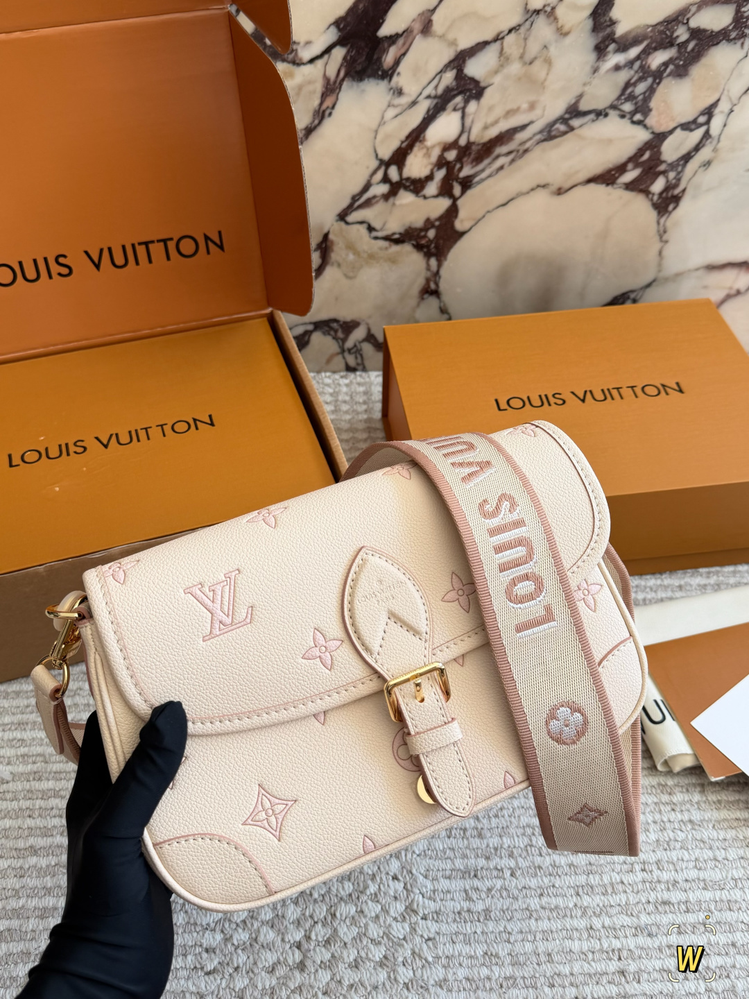 Chic Diane-Style Monogram Canvas Baguette Bag with Wide Embroidered Strap & Foldable Box