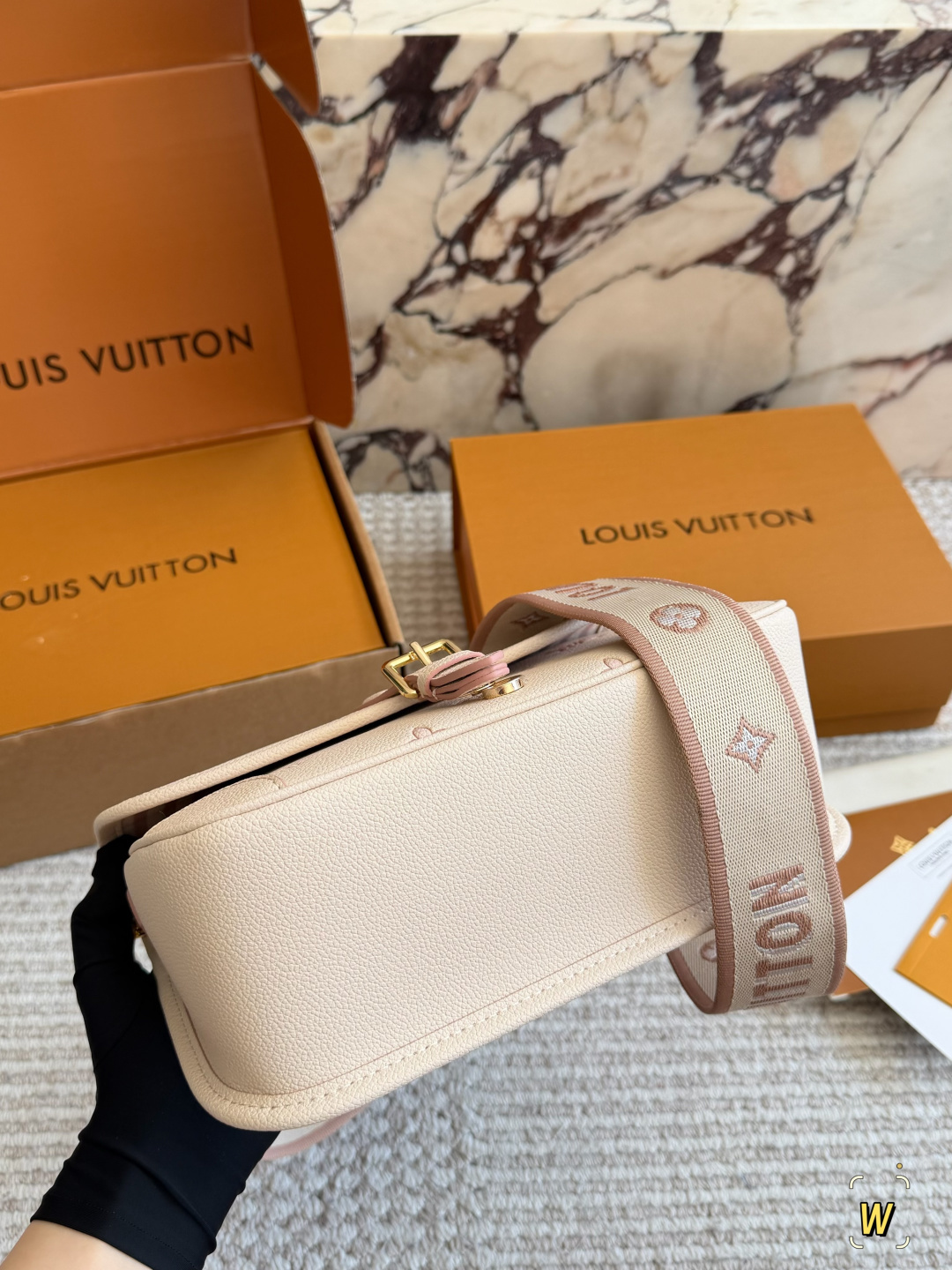 Chic Diane-Style Monogram Canvas Baguette Bag with Wide Embroidered Strap & Foldable Box