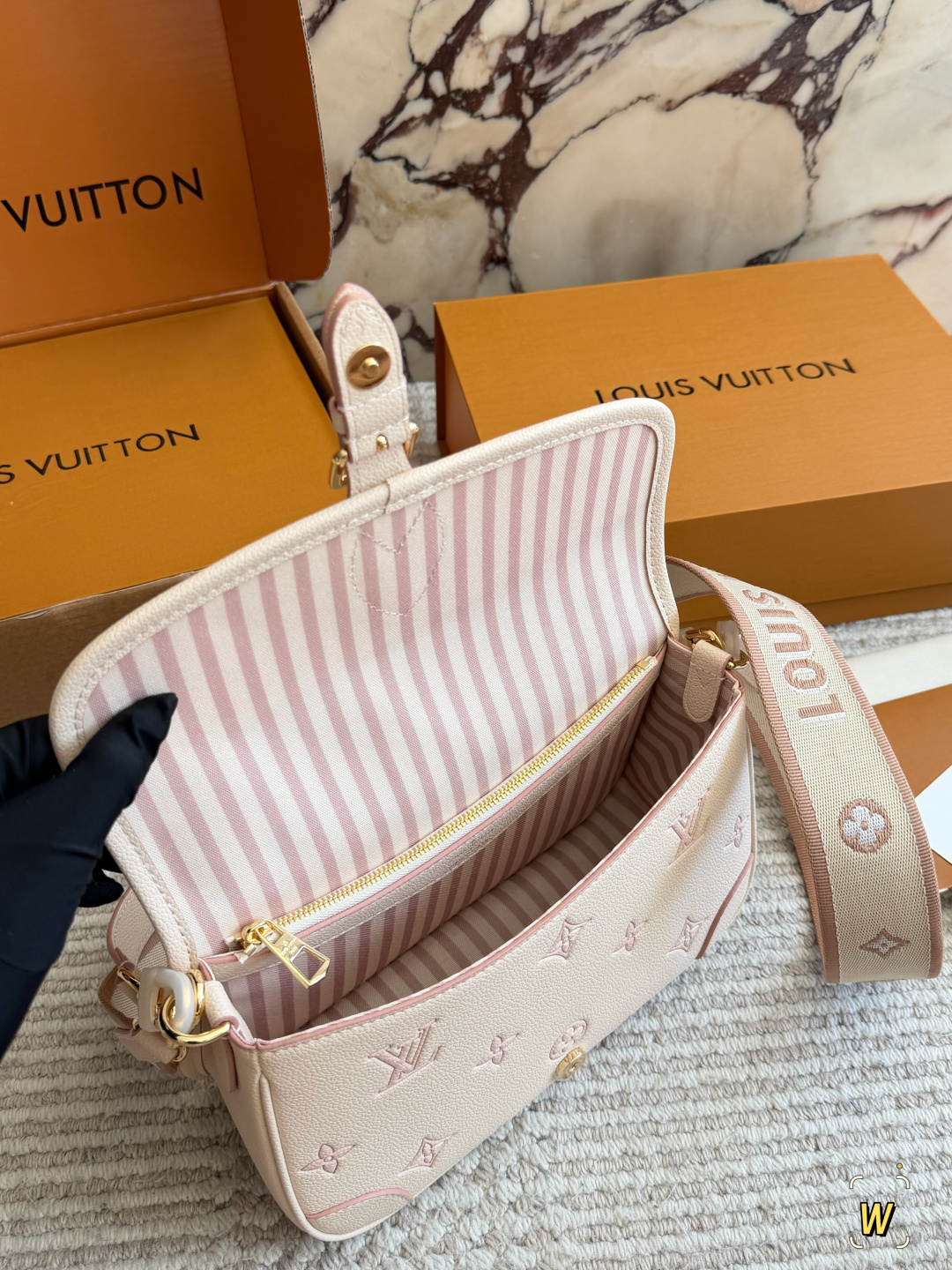 Chic Diane-Style Monogram Canvas Baguette Bag with Wide Embroidered Strap & Foldable Box