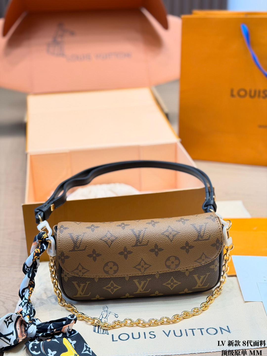 Chic Ivy-Style Monogram Canvas Wallet on Chain with Two Straps, Silk Scarf & Full Packaging