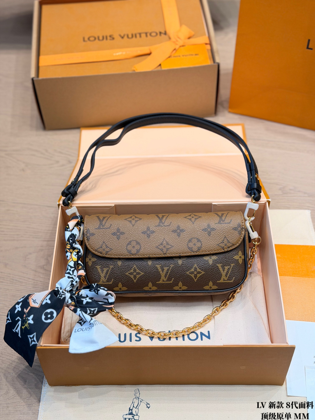Chic Ivy-Style Monogram Canvas Wallet on Chain with Two Straps, Silk Scarf & Full Packaging