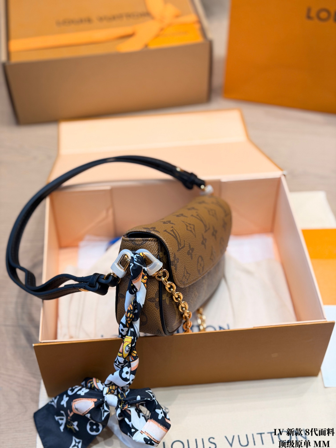 Chic Ivy-Style Monogram Canvas Wallet on Chain with Two Straps, Silk Scarf & Full Packaging