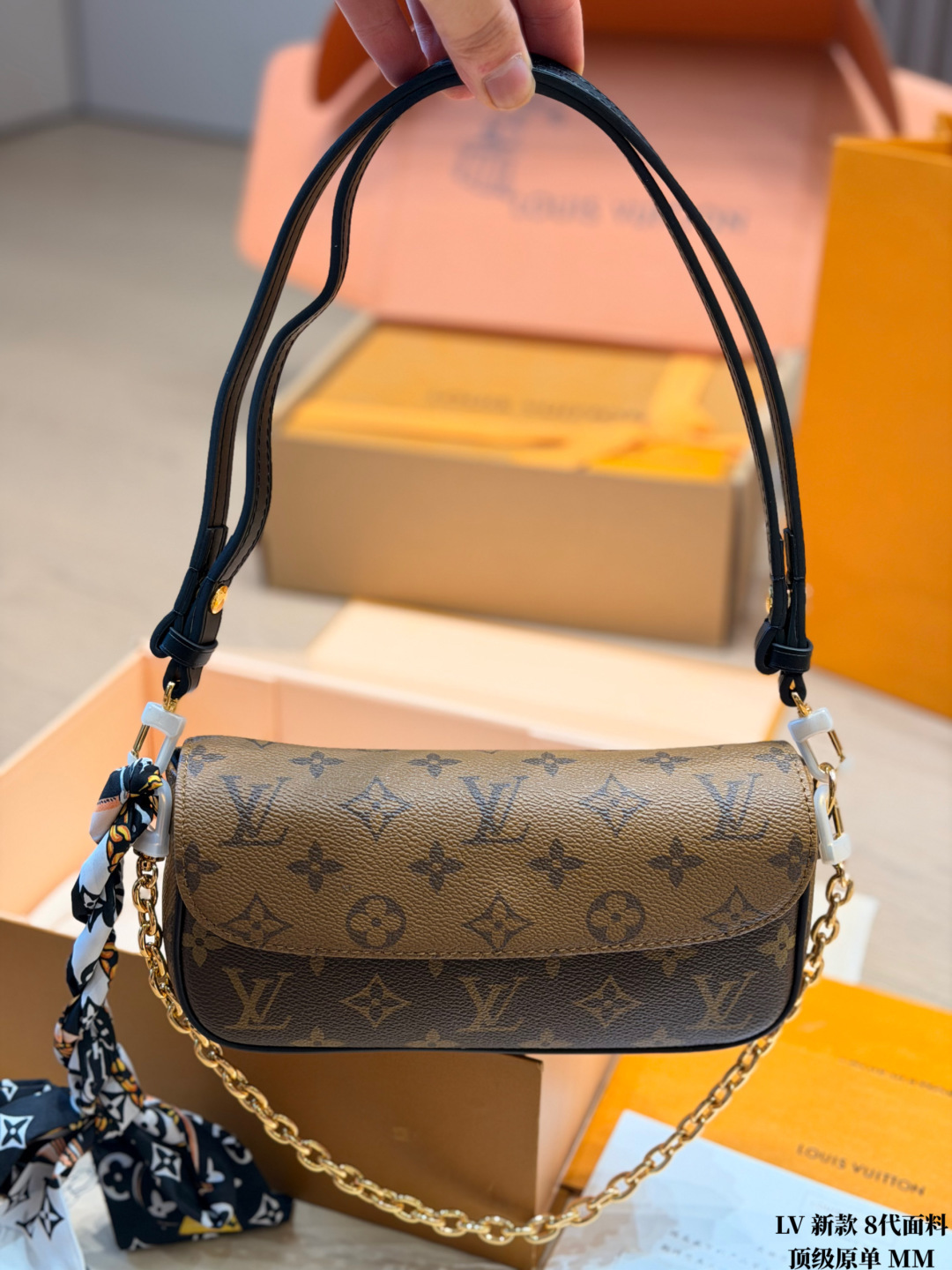 Chic Ivy-Style Monogram Canvas Wallet on Chain with Two Straps, Silk Scarf & Full Packaging