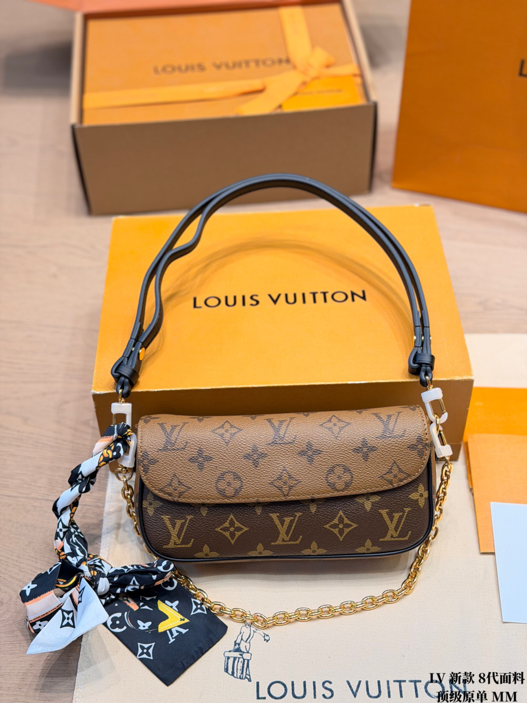 Chic Ivy-Style Monogram Canvas Wallet on Chain with Two Straps, Silk Scarf & Full Packaging