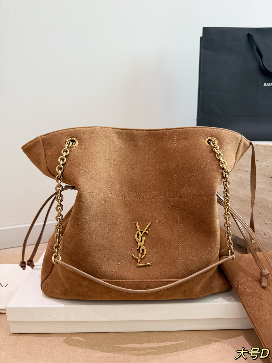 Saint Laurent Jamie Suede Hobo Bag with Gold YSL Logo (35x34cm / 27x28cm)