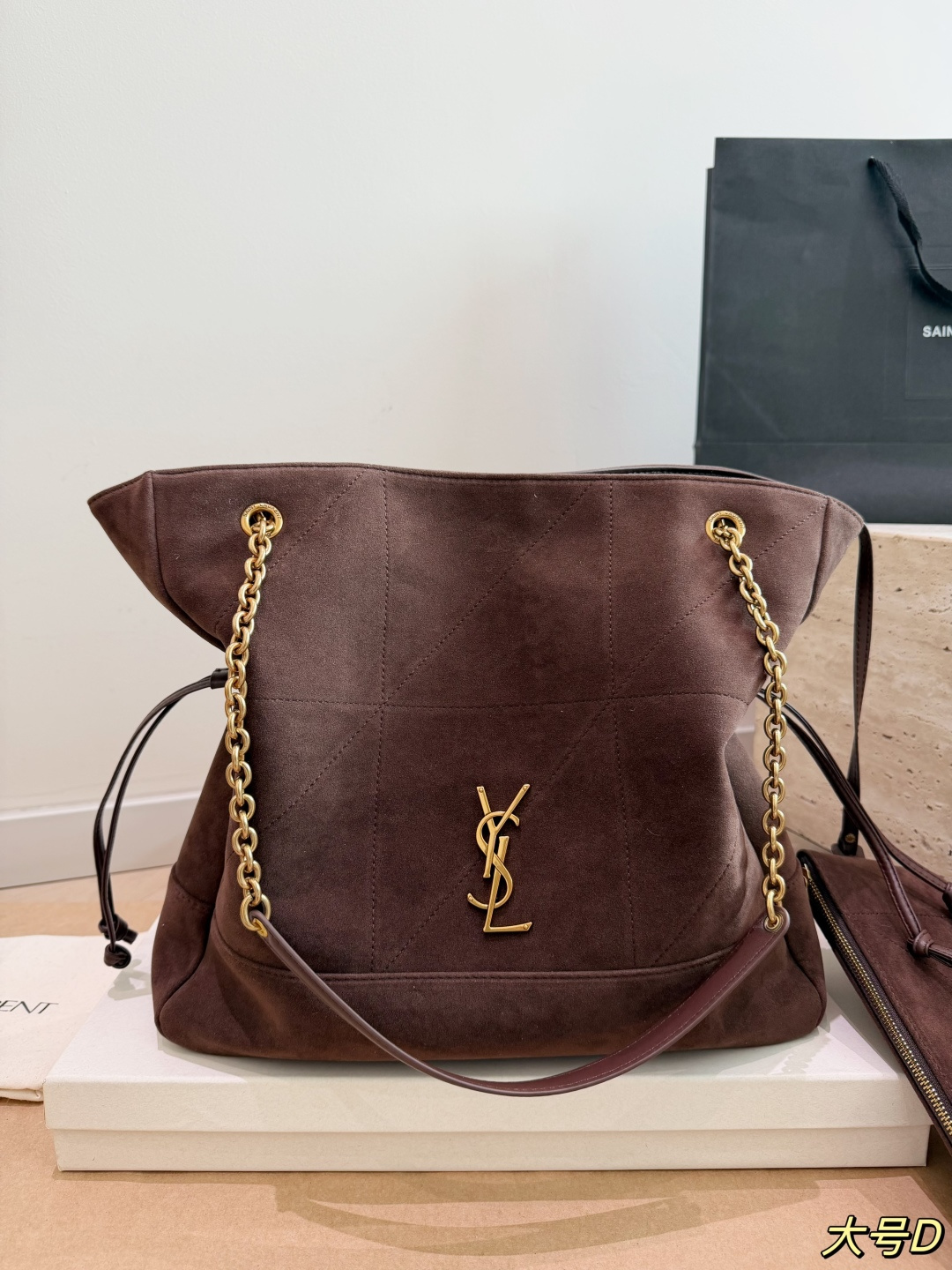 Saint Laurent Jamie Suede Hobo Bag with Gold YSL Logo (35x34cm / 27x28cm)
