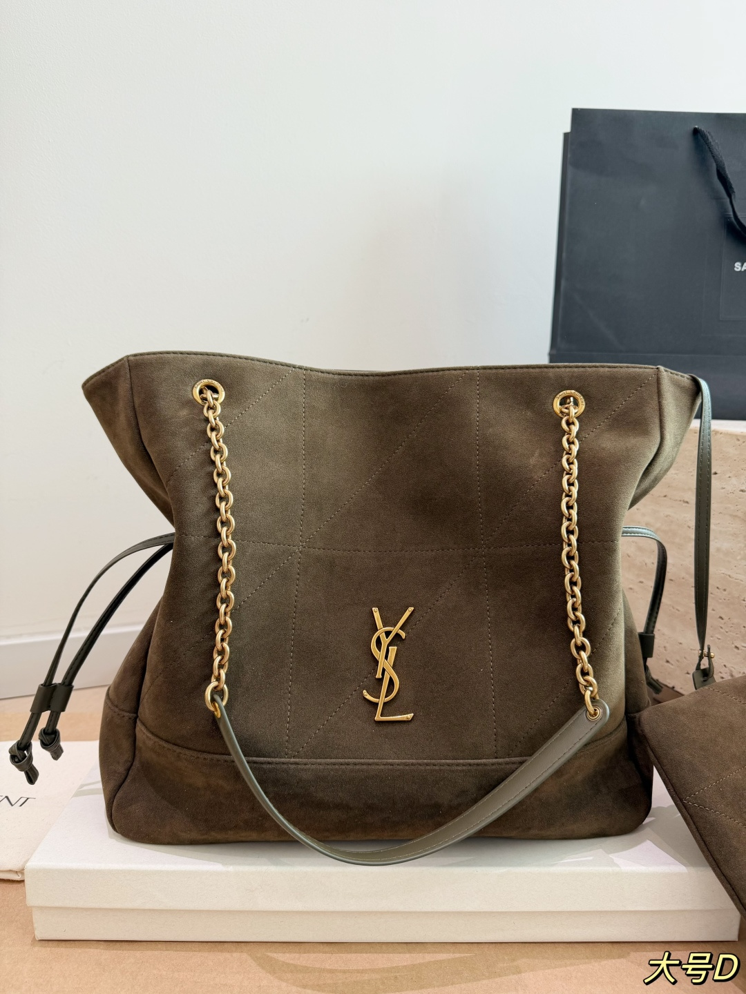 Saint Laurent Jamie Suede Hobo Bag with Gold YSL Logo (35x34cm / 27x28cm)