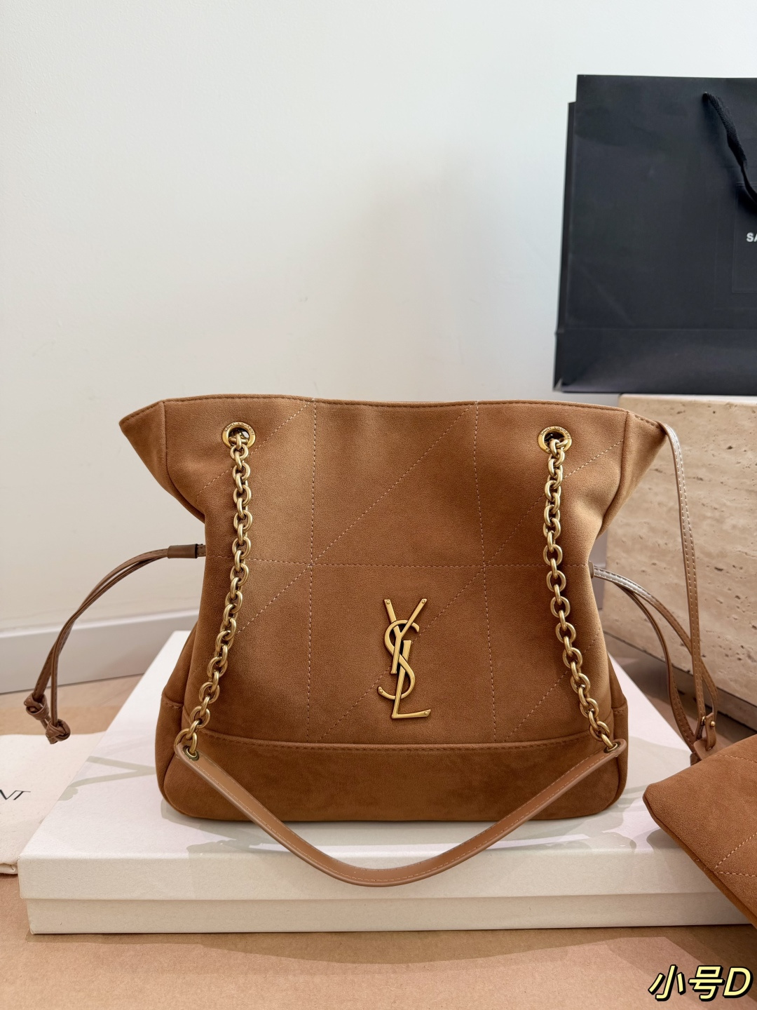 Saint Laurent Jamie Suede Hobo Bag with Gold YSL Logo (35x34cm / 27x28cm)