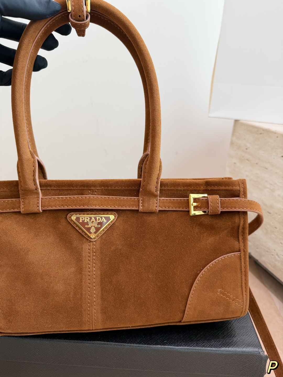 Prada Soft Lux Suede Top-Handle Bag with Gold Hardware (31x15cm)