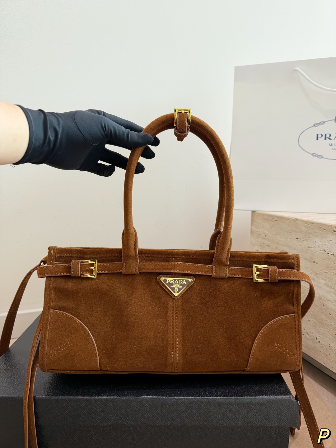 Prada Soft Lux Suede Top-Handle Bag with Gold Hardware (31x15cm)
