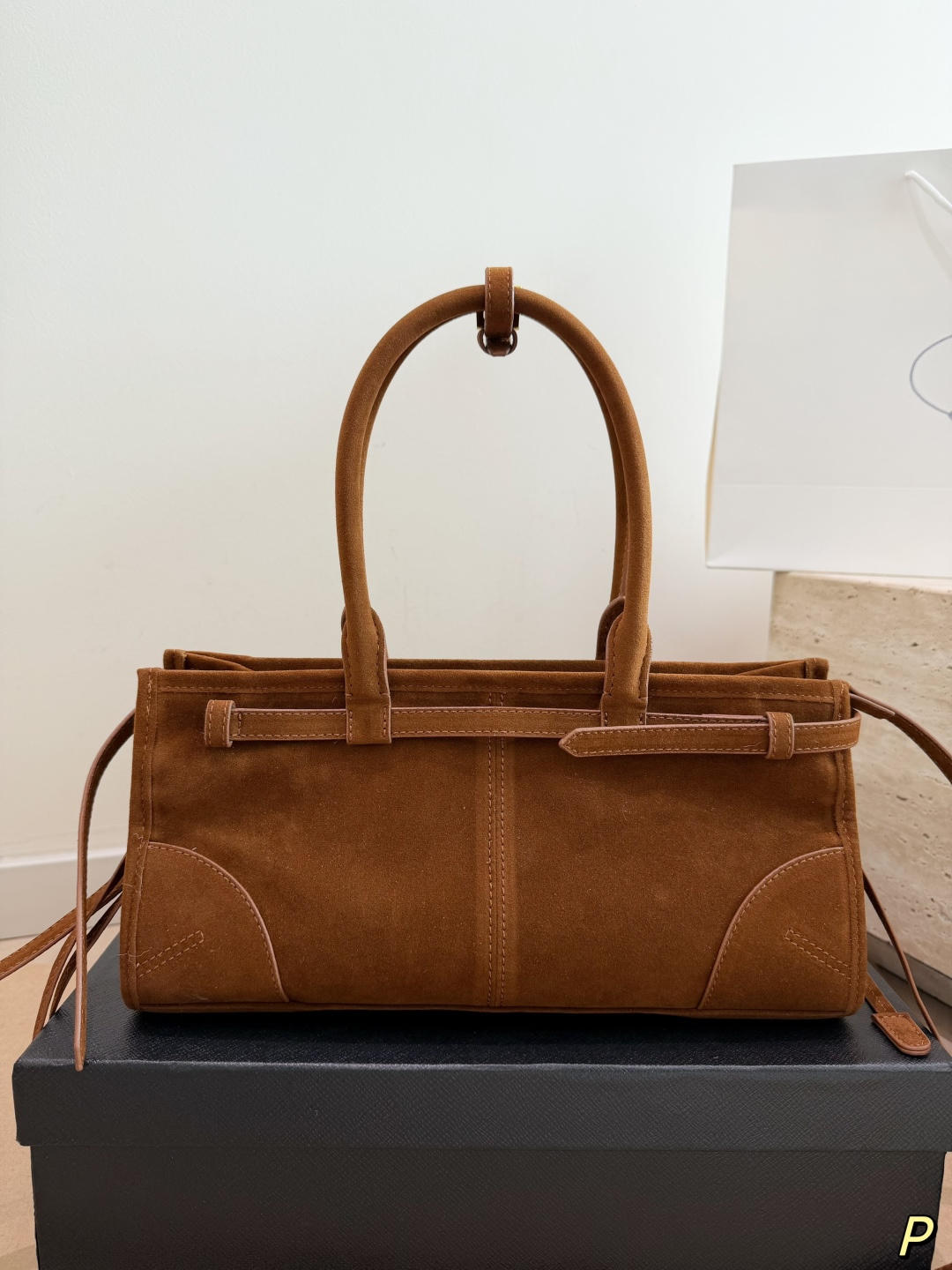 Prada Soft Lux Suede Top-Handle Bag with Gold Hardware (31x15cm)