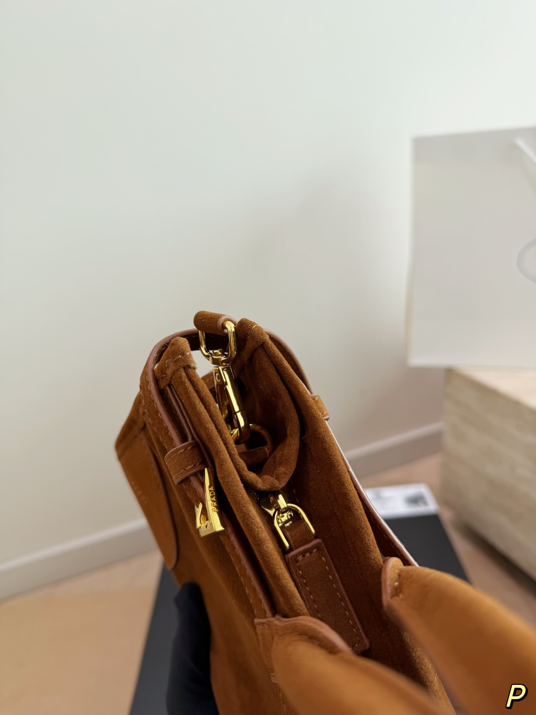 Prada Soft Lux Suede Top-Handle Bag with Gold Hardware (31x15cm)