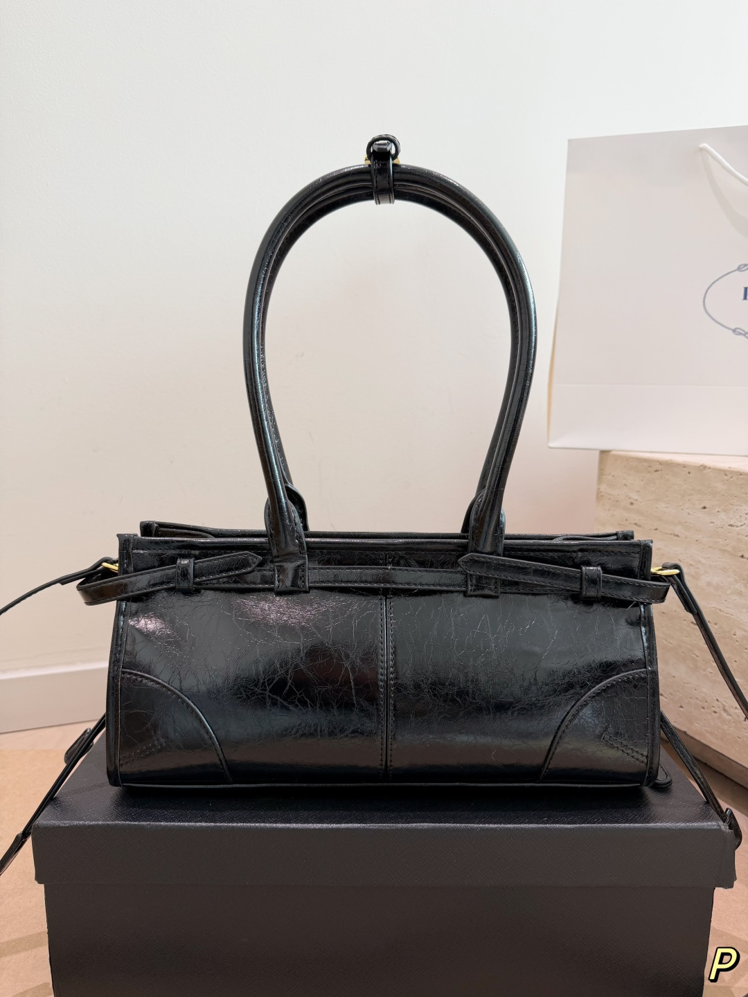Prada Soft Lux Glossy Leather Top-Handle Bag (31x15cm)