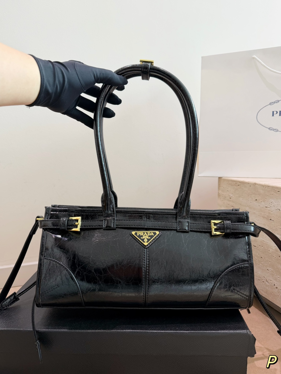 Prada Soft Lux Glossy Leather Top-Handle Bag (31x15cm)
