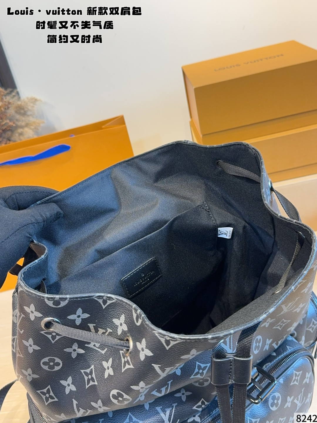 Louis Vuitton Monogram Eclipse Drawstring Backpack with Front Pocket (30x14x42cm)