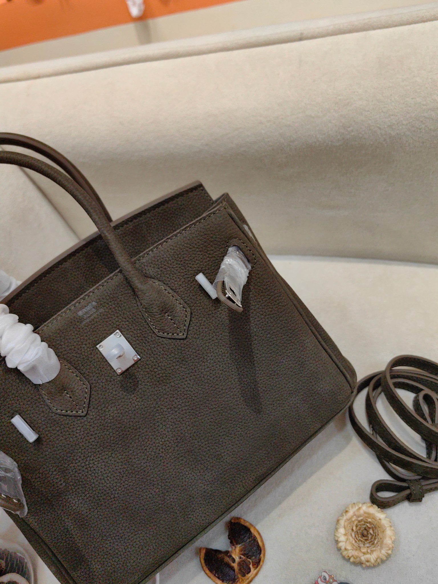 Hermès Birkin 25cm in Suede Leather (Deep Olive/Brown) with Palladium Hardware