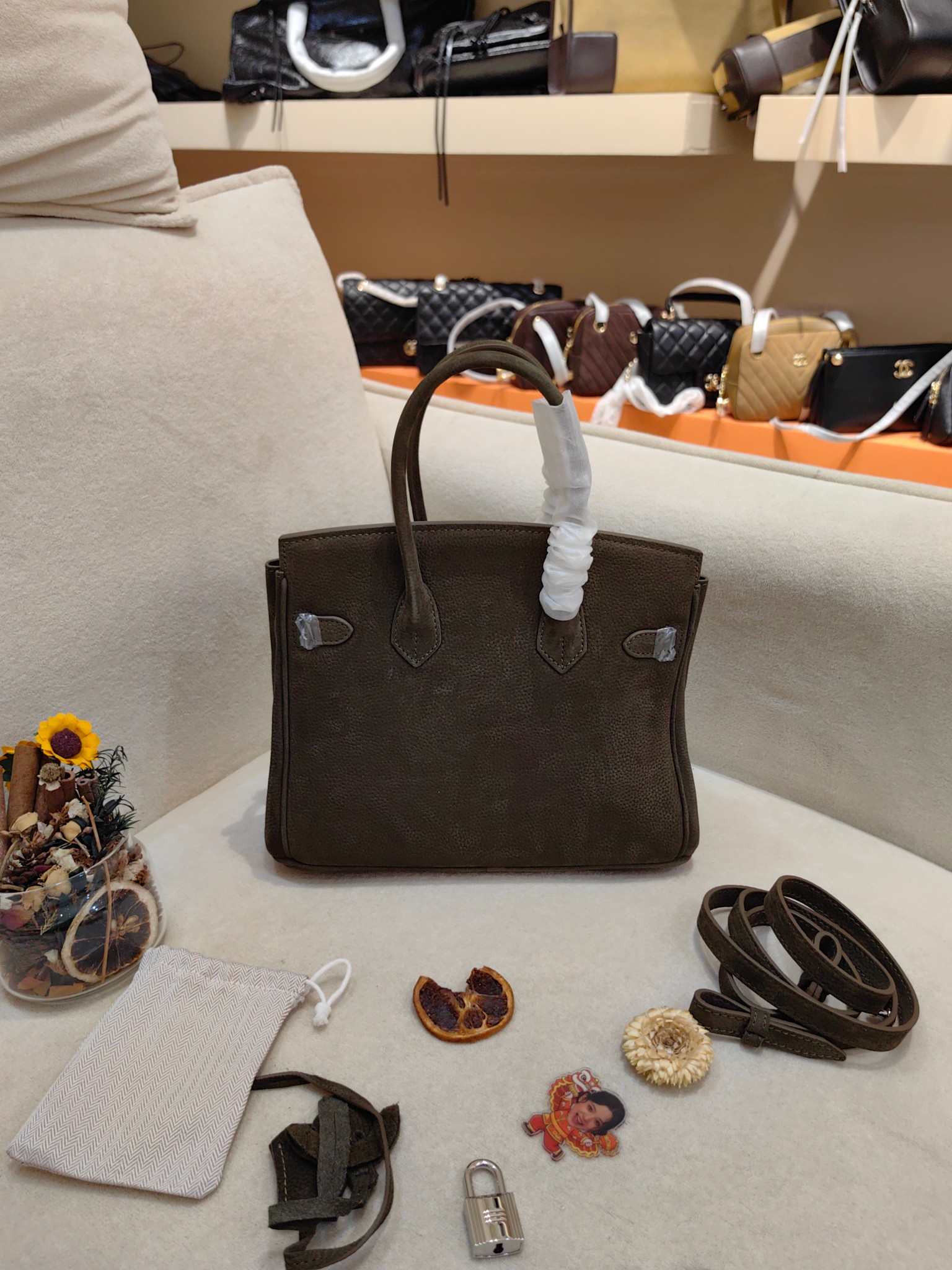 Hermès Birkin 25cm in Suede Leather (Deep Olive/Brown) with Palladium Hardware
