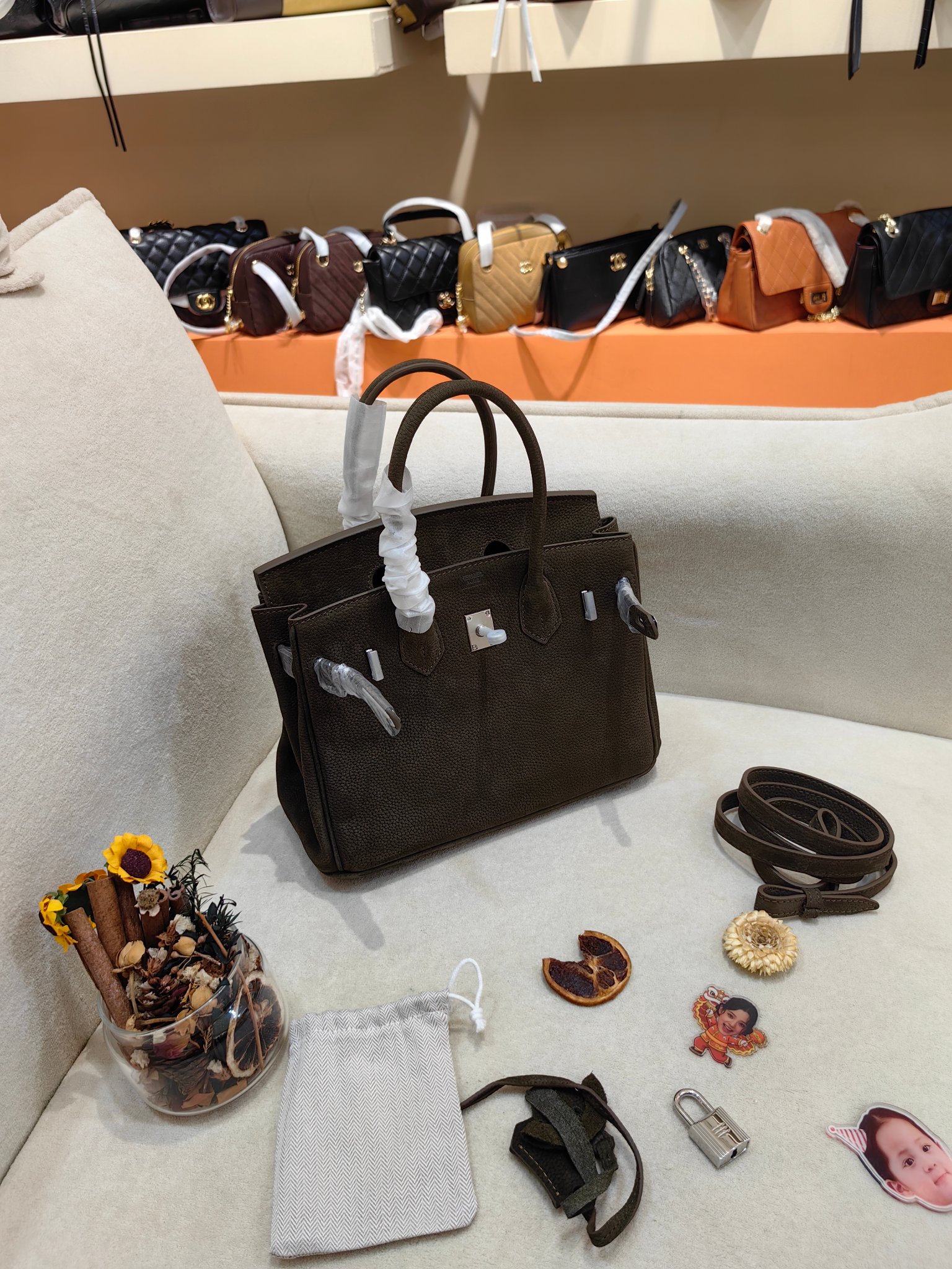 Hermès Birkin 25cm in Suede Leather (Deep Olive/Brown) with Palladium Hardware