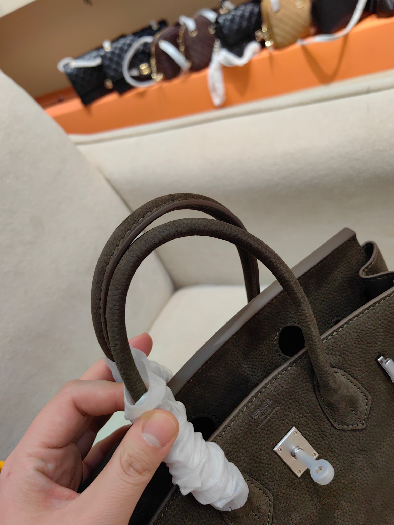 Hermès Birkin 25cm in Suede Leather (Deep Olive/Brown) with Palladium Hardware