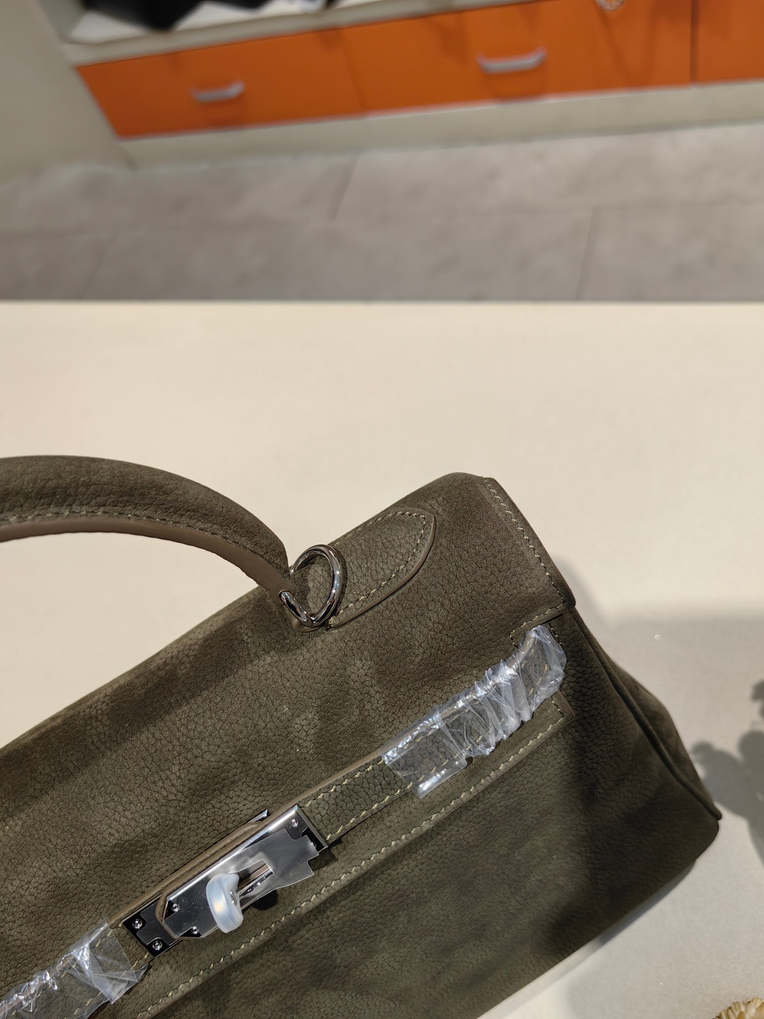 Hermès Kelly 28cm in Suede Leather (Deep Olive) with Palladium Hardware