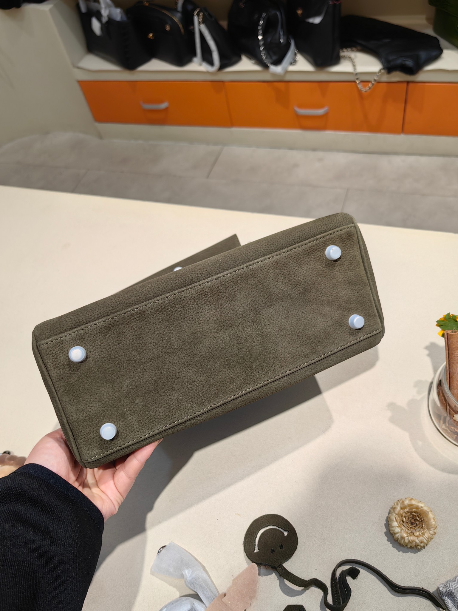 Hermès Kelly 28cm in Suede Leather (Deep Olive) with Palladium Hardware