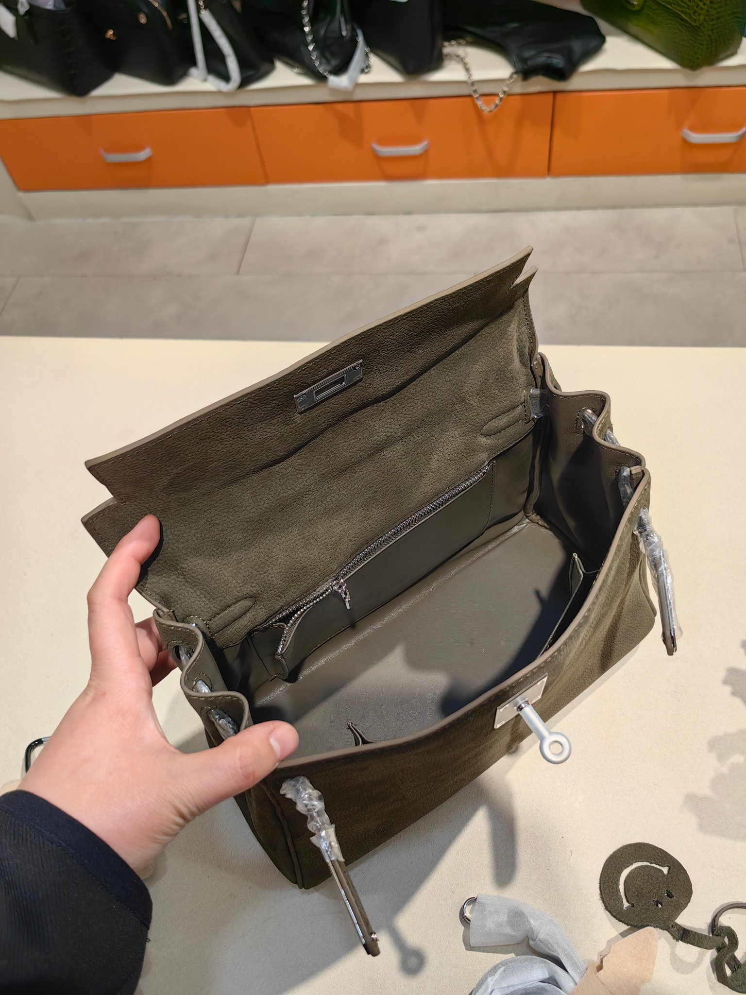 Hermès Kelly 28cm in Suede Leather (Deep Olive) with Palladium Hardware