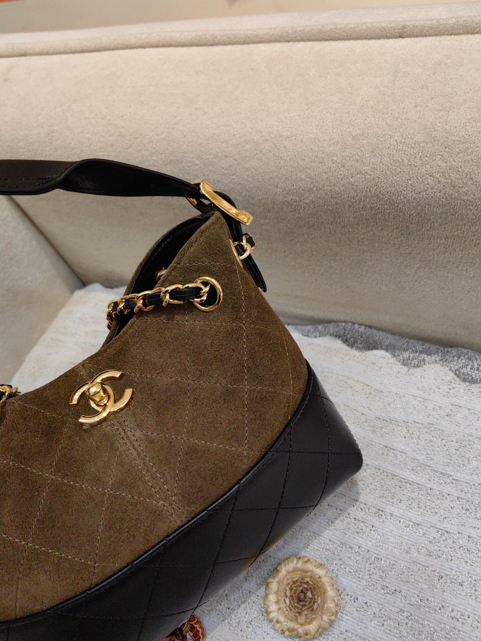 Chanel 26K Mini Hobo Bag in Olive Suede & Black Leather (20cm)