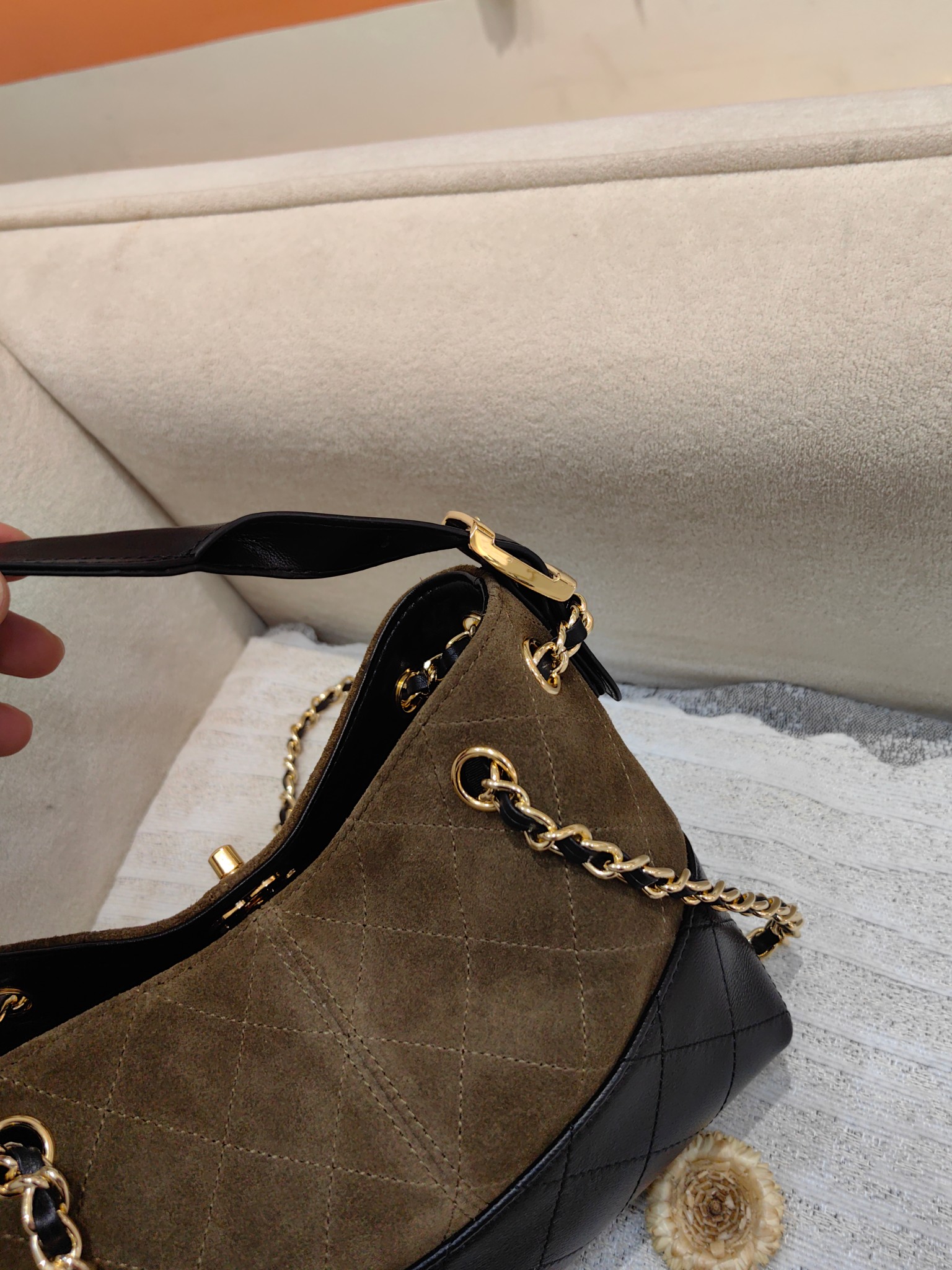 Chanel 26K Mini Hobo Bag in Olive Suede & Black Leather (20cm)