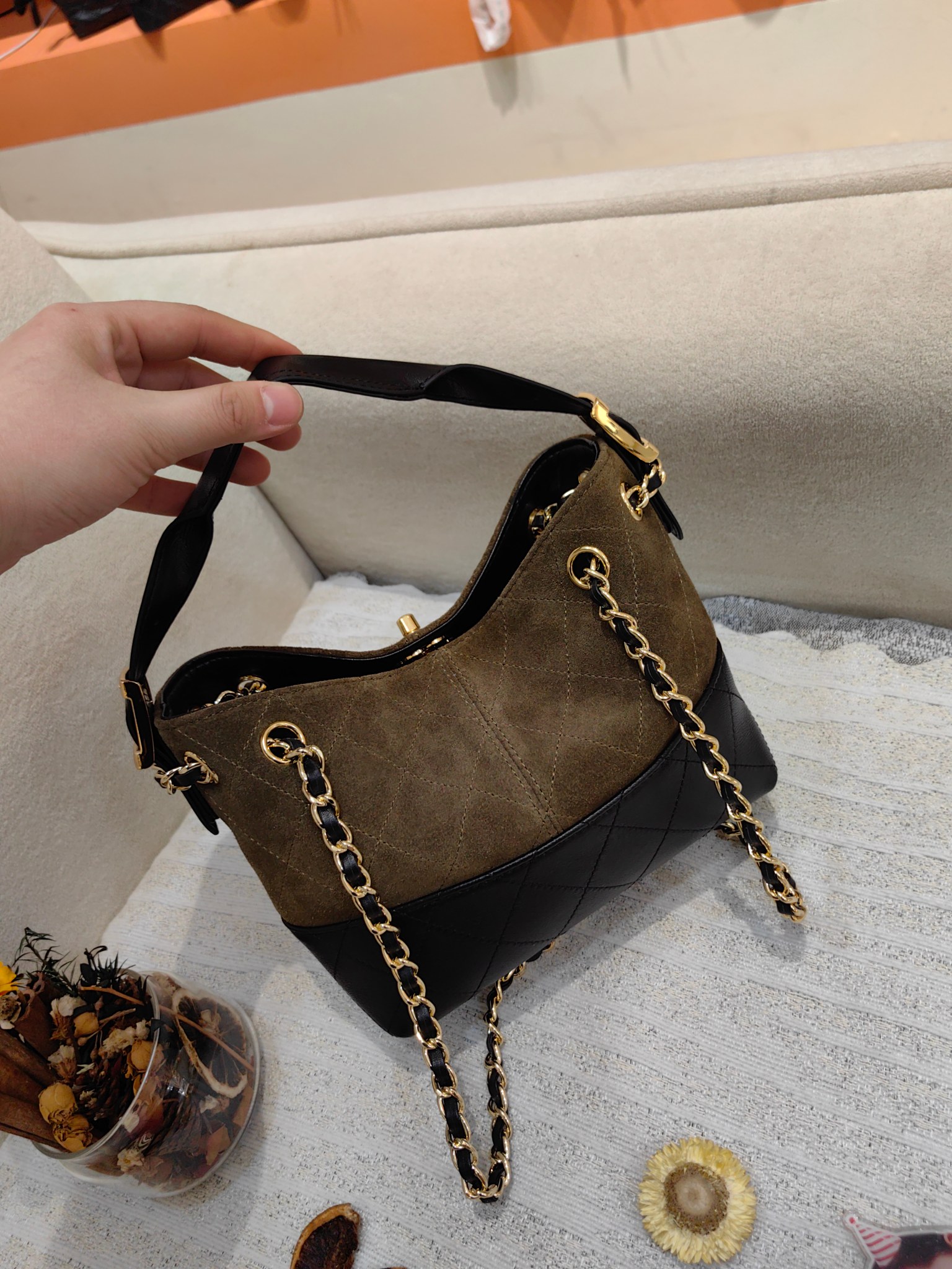 Chanel 26K Mini Hobo Bag in Olive Suede & Black Leather (20cm)