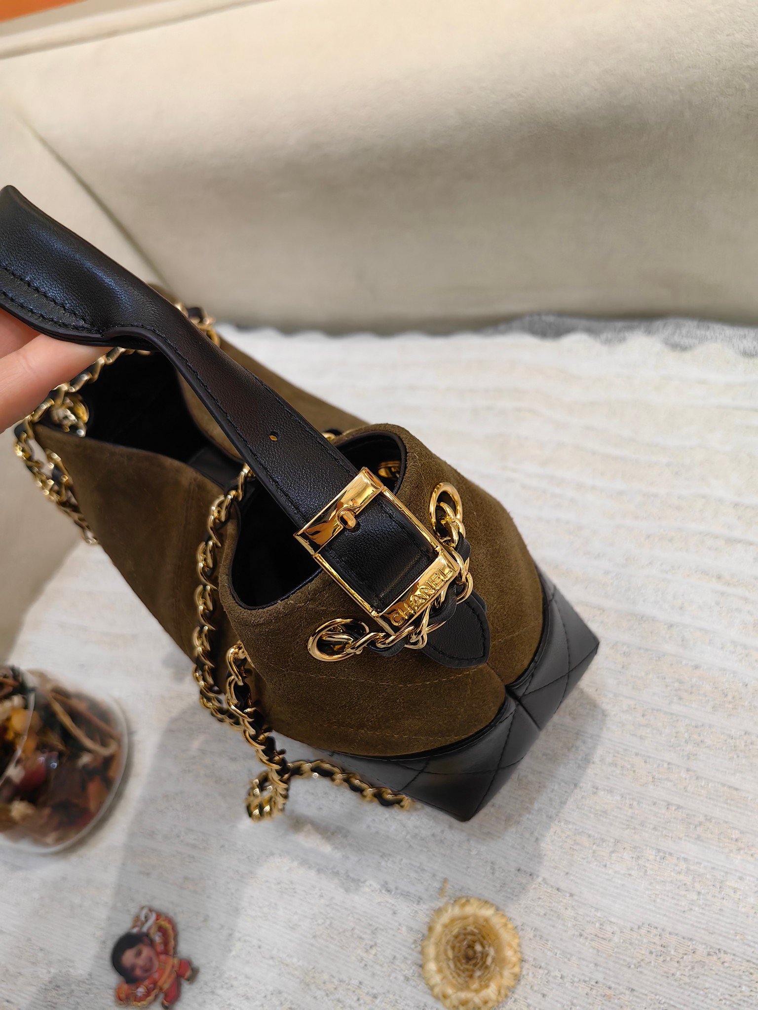 Chanel 26K Mini Hobo Bag in Olive Suede & Black Leather (20cm)