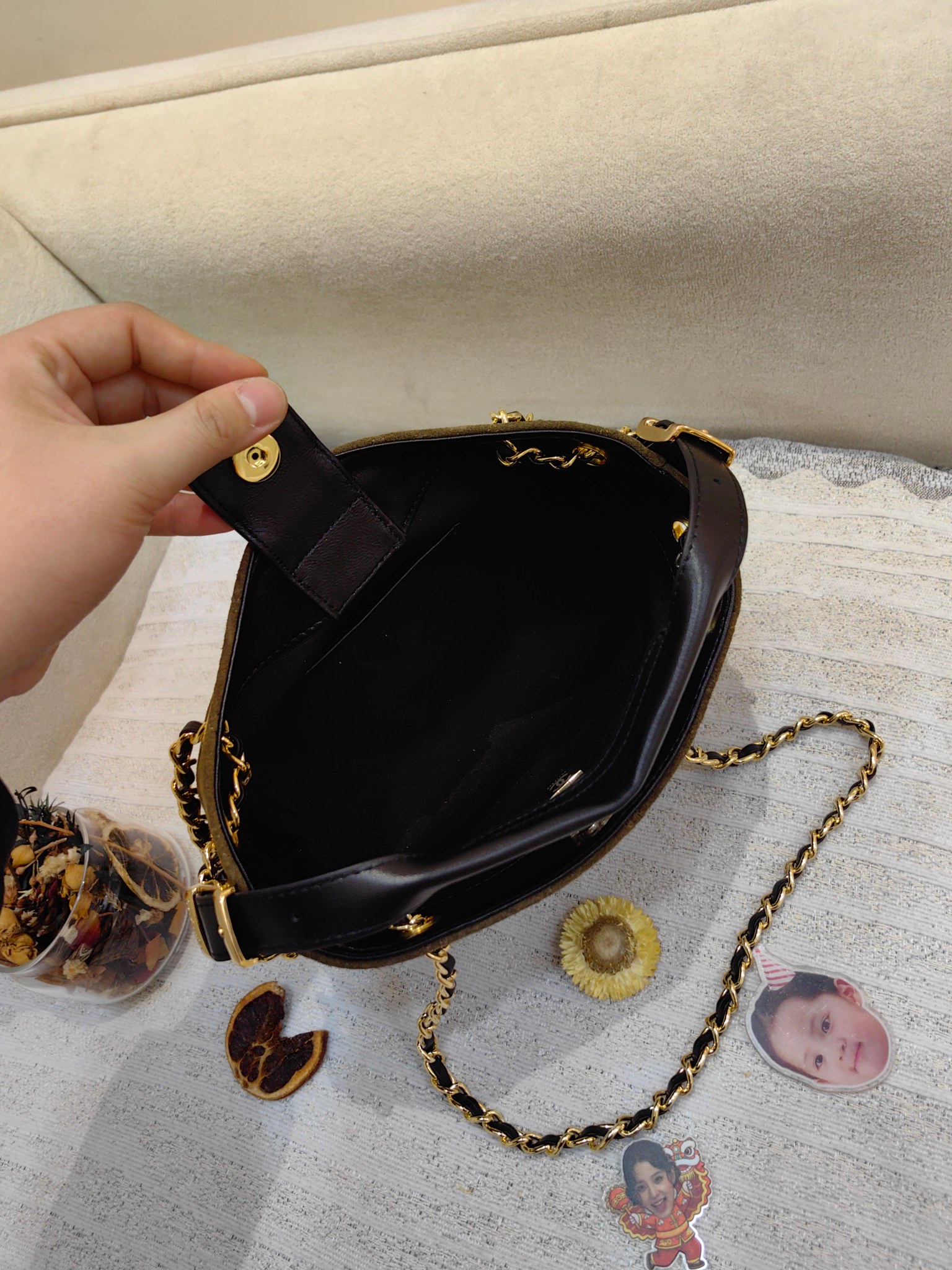Chanel 26K Mini Hobo Bag in Olive Suede & Black Leather (20cm)