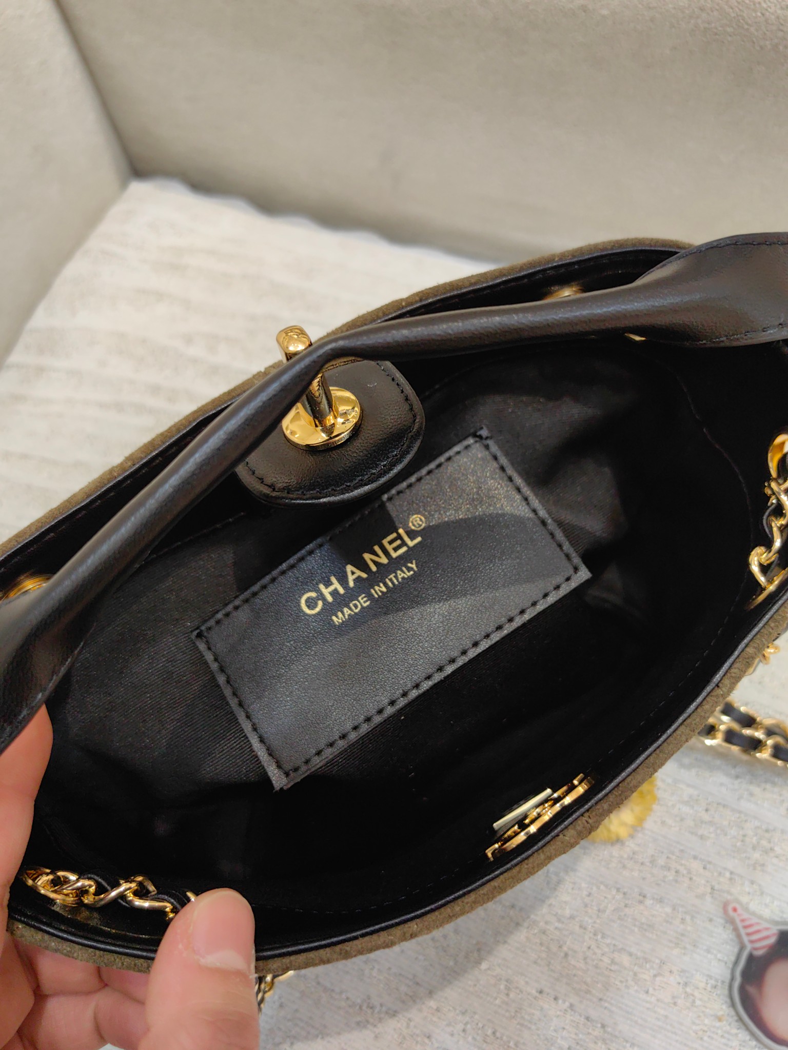 Chanel 26K Mini Hobo Bag in Olive Suede & Black Leather (20cm)