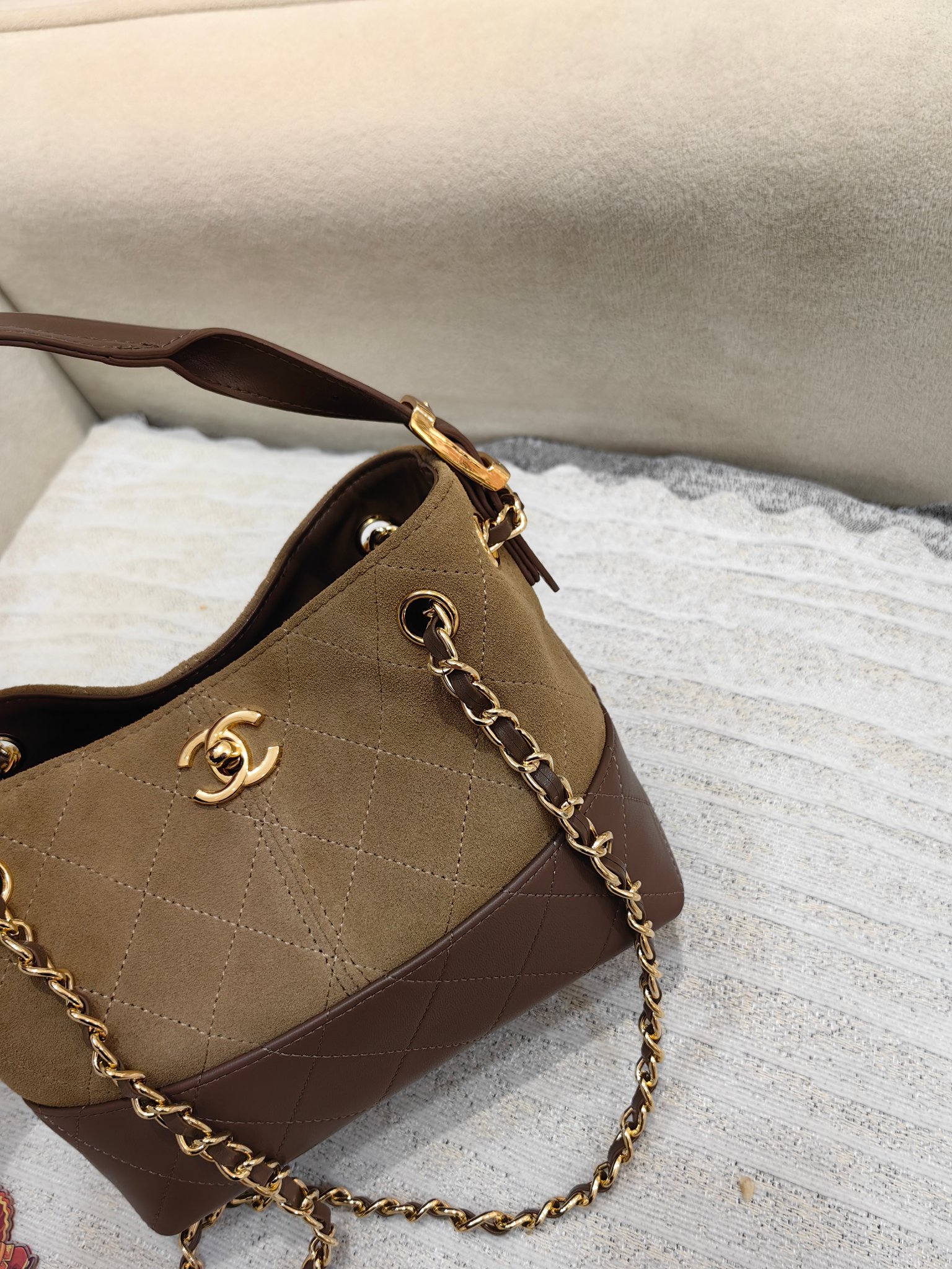 Chanel 26K Mini Hobo Bag in Deep Beige Suede & Brown Leather (20cm)