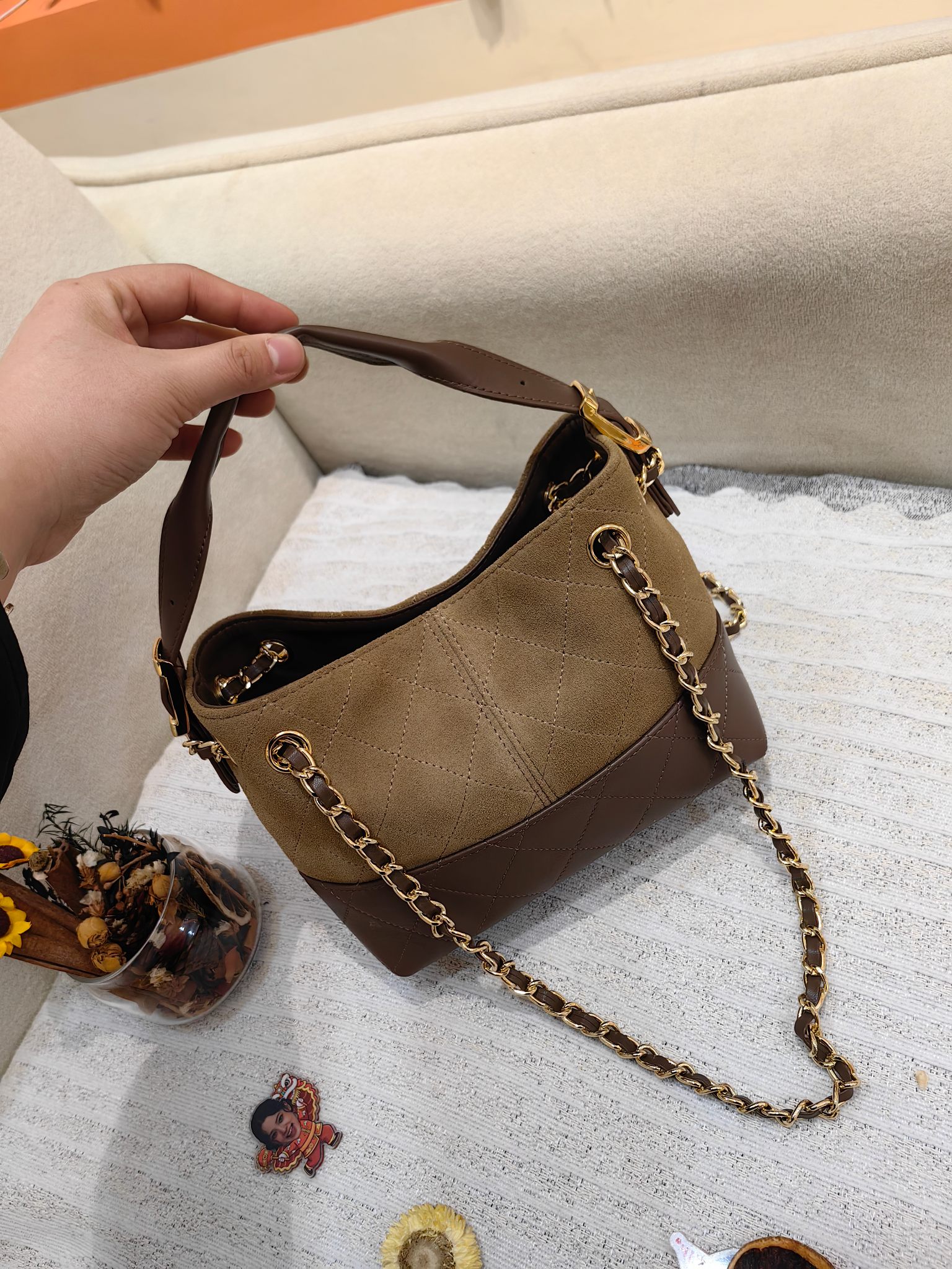 Chanel 26K Mini Hobo Bag in Deep Beige Suede & Brown Leather (20cm)