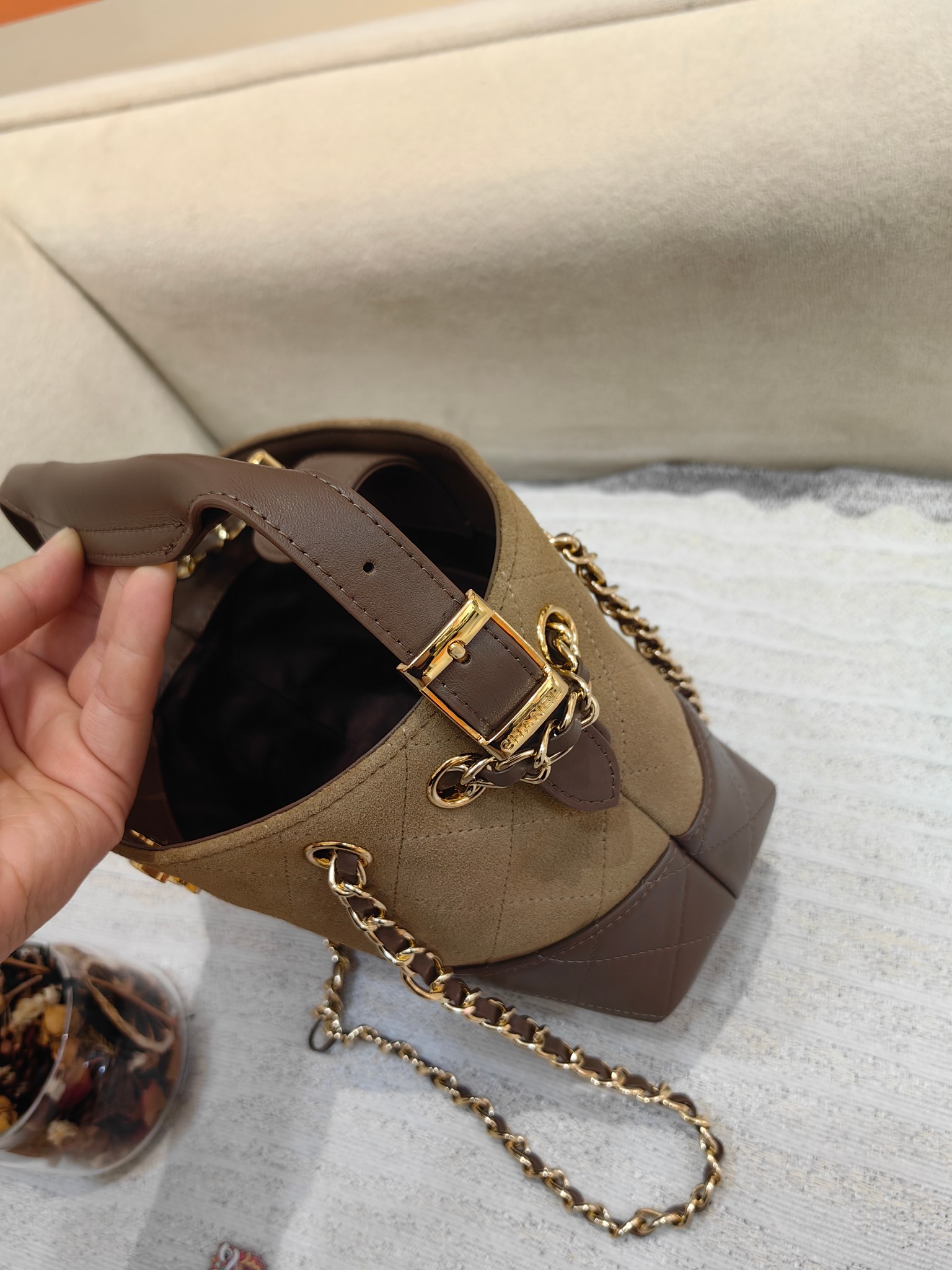 Chanel 26K Mini Hobo Bag in Deep Beige Suede & Brown Leather (20cm)