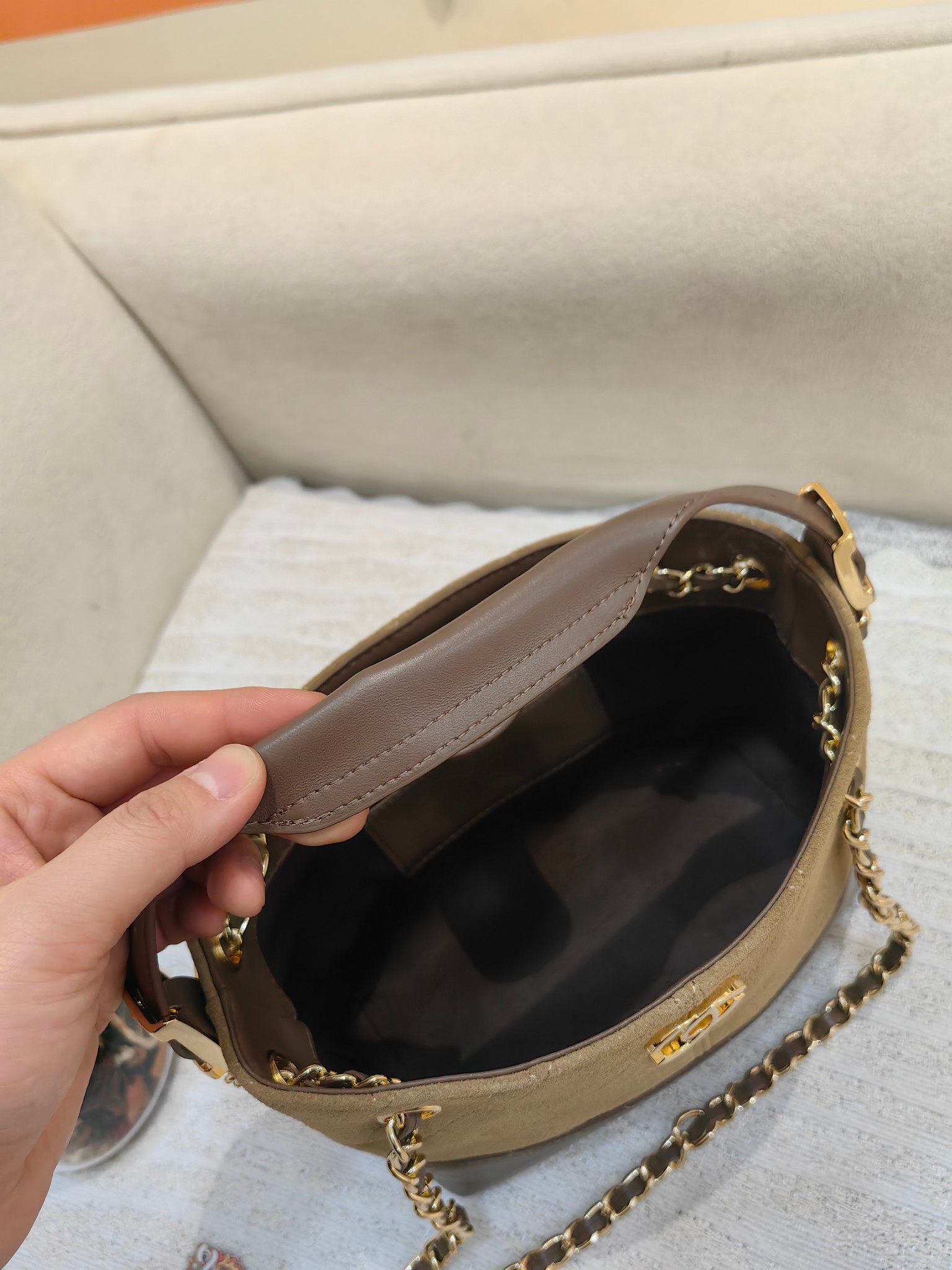 Chanel 26K Mini Hobo Bag in Deep Beige Suede & Brown Leather (20cm)