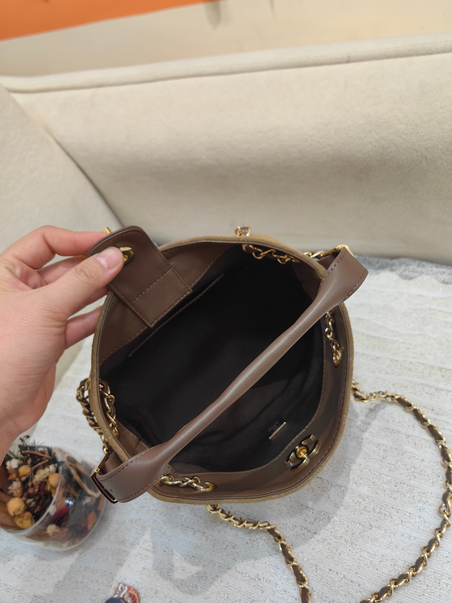 Chanel 26K Mini Hobo Bag in Deep Beige Suede & Brown Leather (20cm)