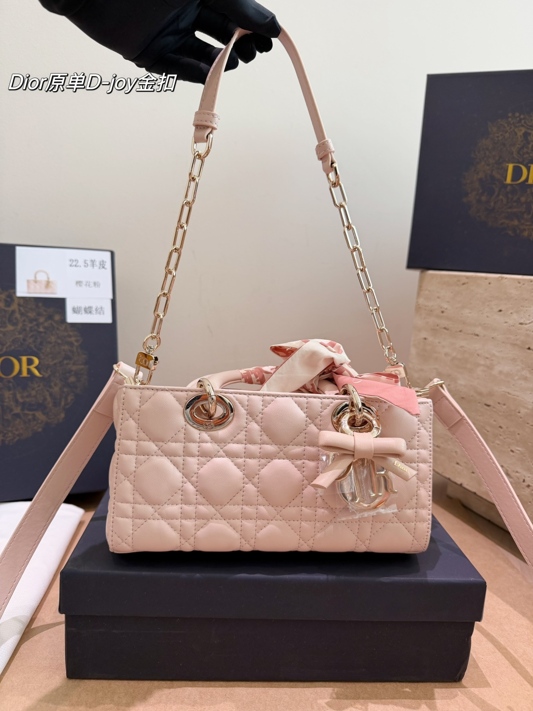 Dior Lady D-Joy Bag in Blush Pink Lambskin with Light Silver Hardware (22cm)
