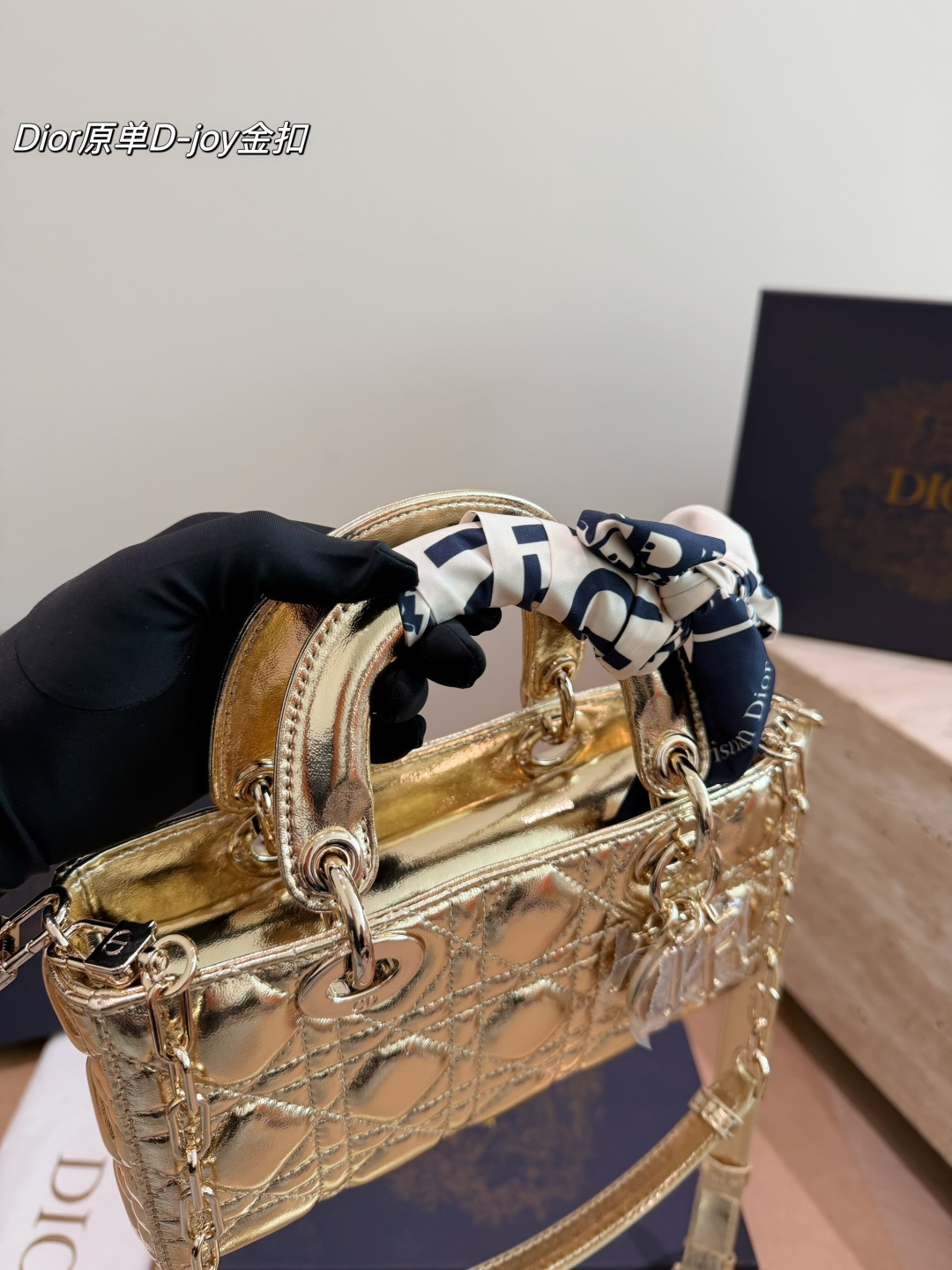 Dior Lady D-Joy Bag in Metallic Gold Lambskin with Silk Twilly (22cm)