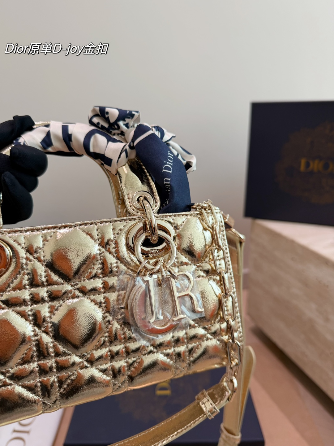 Dior Lady D-Joy Bag in Metallic Gold Lambskin with Silk Twilly (22cm)
