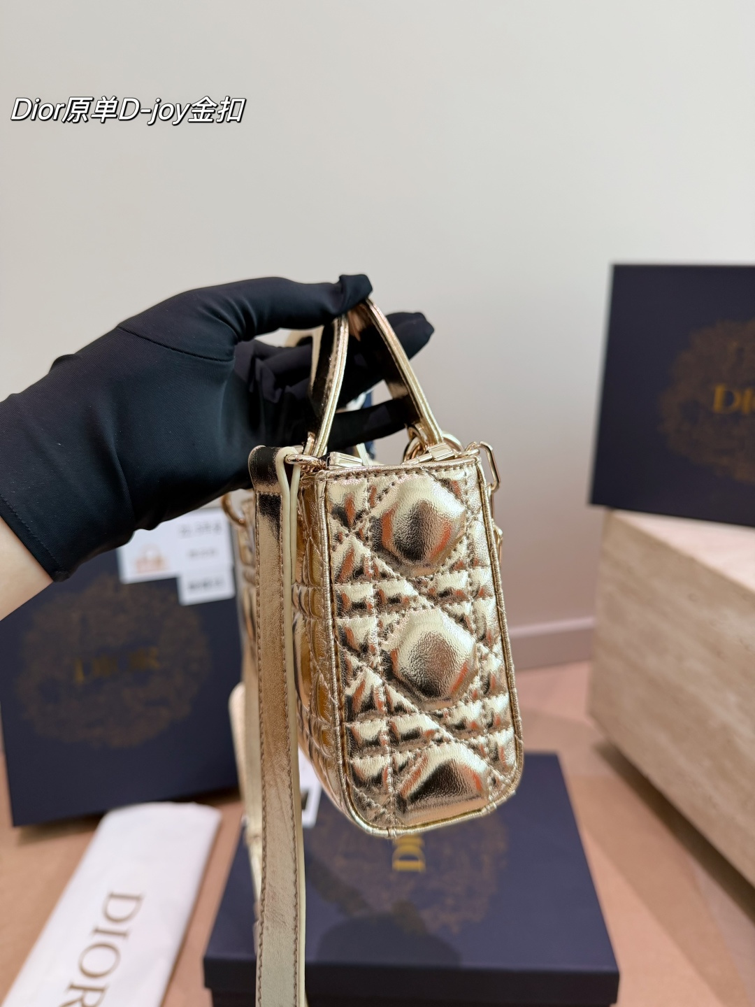 Dior Lady D-Joy Bag in Metallic Gold Lambskin with Silk Twilly (22cm)