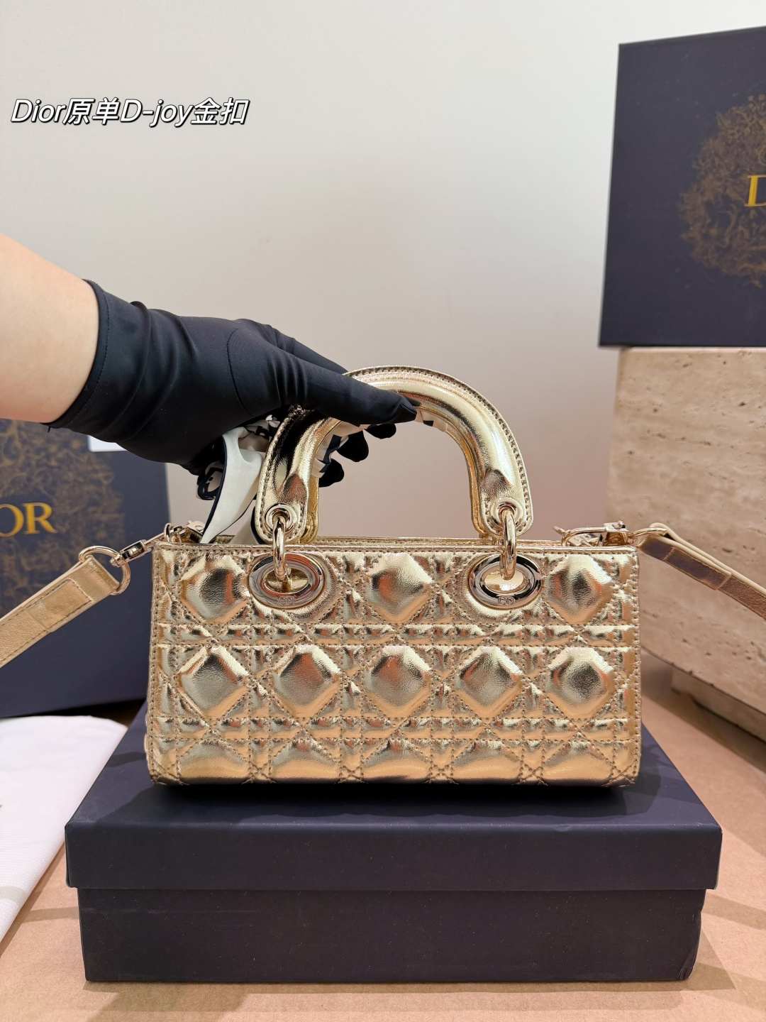 Dior Lady D-Joy Bag in Metallic Gold Lambskin with Silk Twilly (22cm)