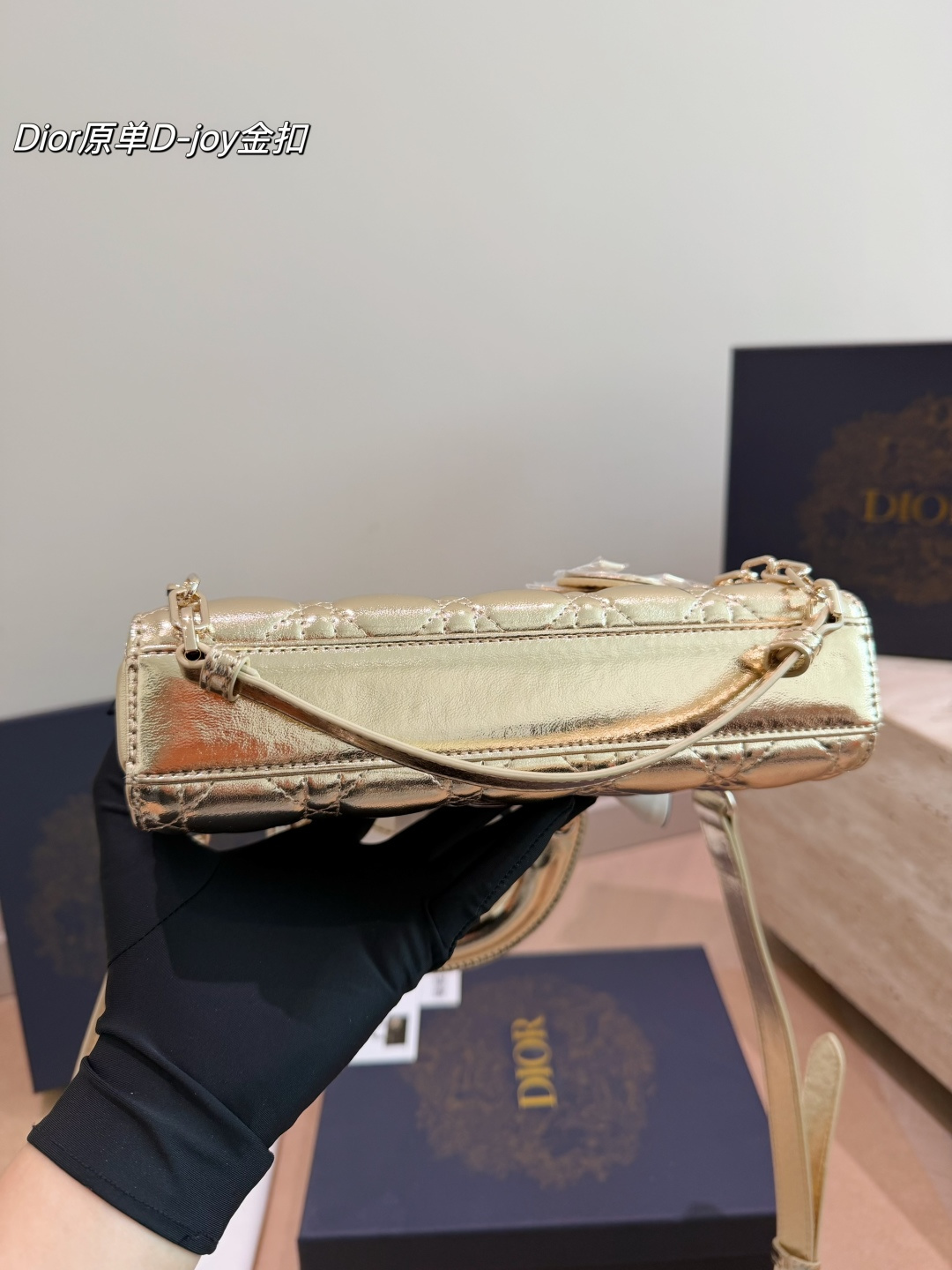 Dior Lady D-Joy Bag in Metallic Gold Lambskin with Silk Twilly (22cm)
