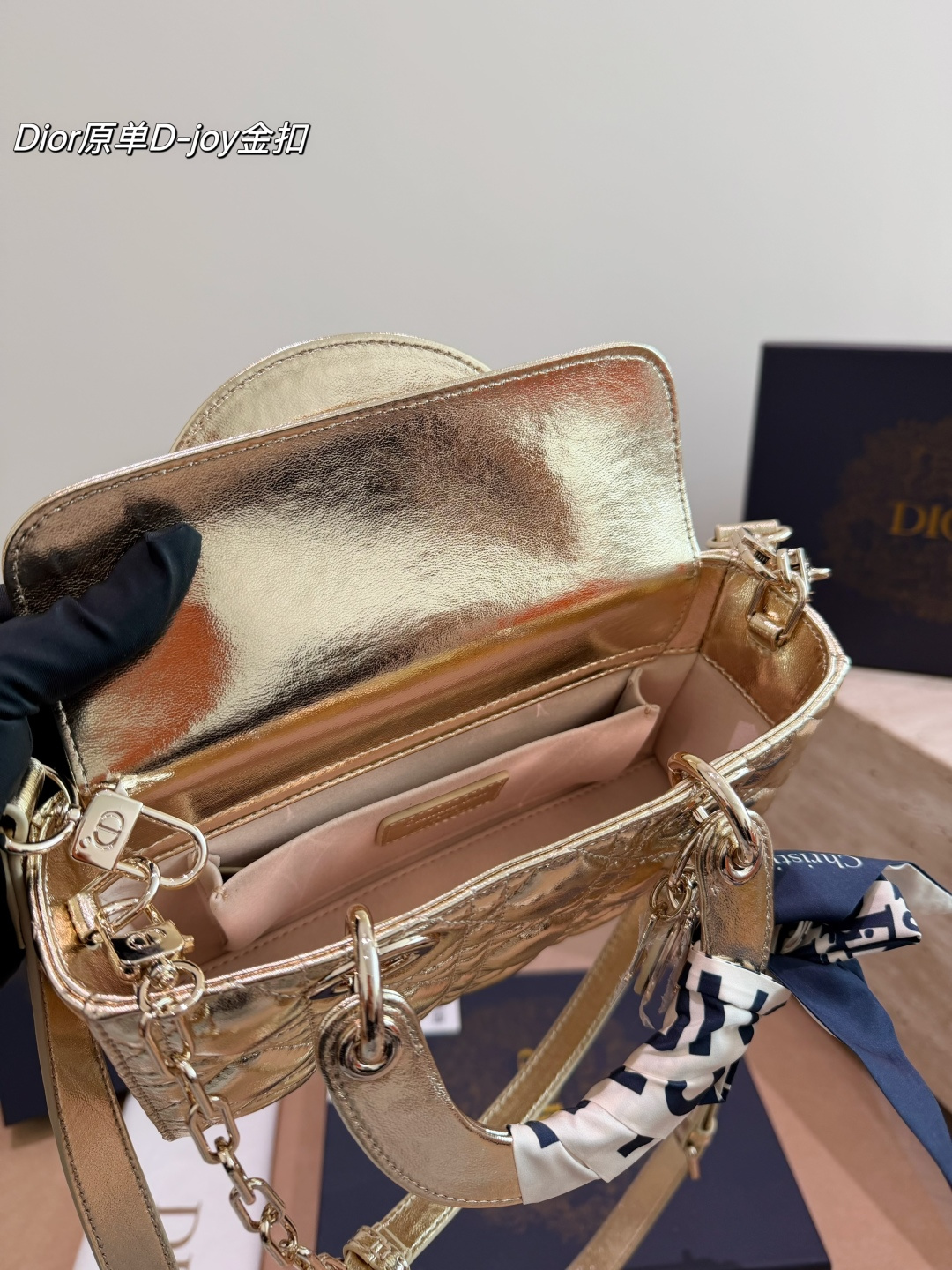 Dior Lady D-Joy Bag in Metallic Gold Lambskin with Silk Twilly (22cm)