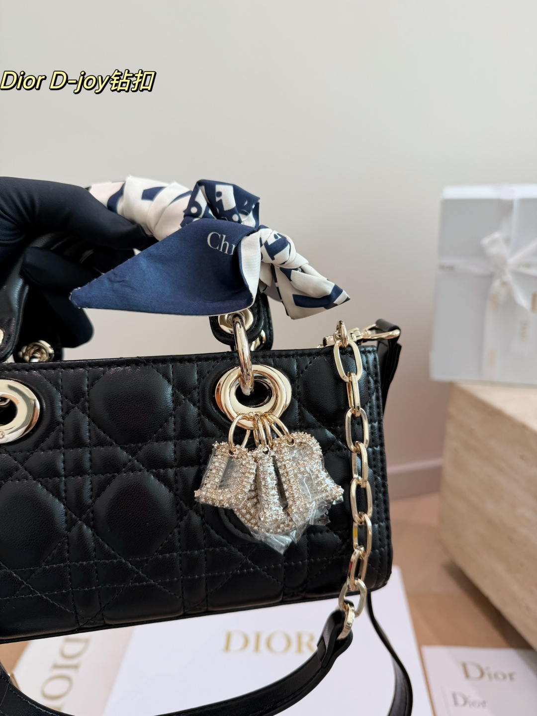 Dior Lady D-Joy Bag in Black Cannage Leather with Crystal Charm & Twilly (22x12cm)