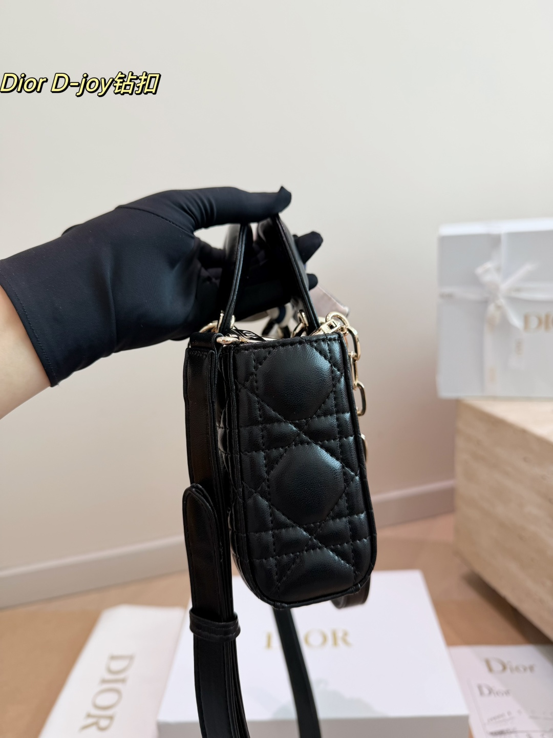 Dior Lady D-Joy Bag in Black Cannage Leather with Crystal Charm & Twilly (22x12cm)