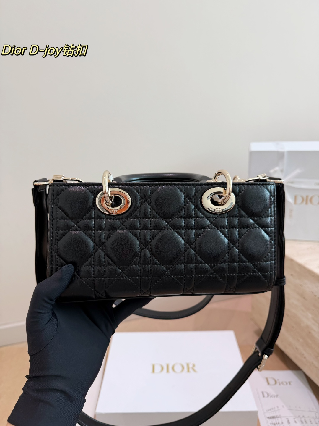Dior Lady D-Joy Bag in Black Cannage Leather with Crystal Charm & Twilly (22x12cm)