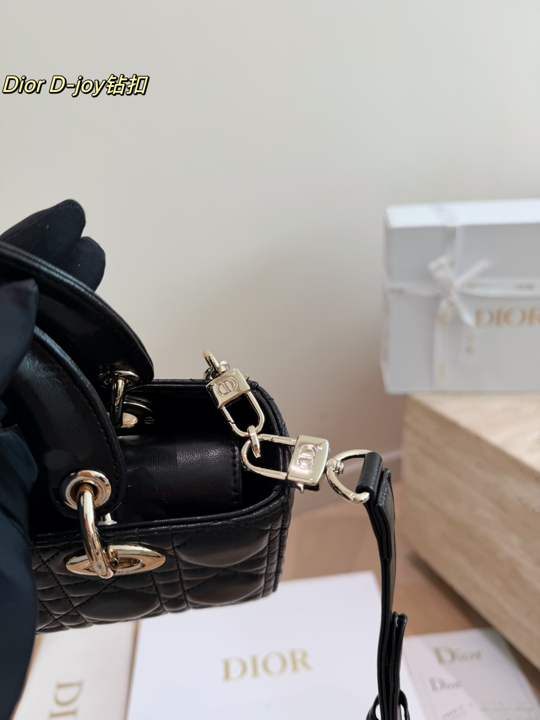 Dior Lady D-Joy Bag in Black Cannage Leather with Crystal Charm & Twilly (22x12cm)